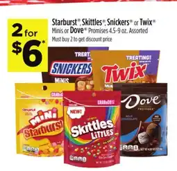 Dollar General Starburst , Skittles , Snickers or Twix Minis or Dove Promises offer