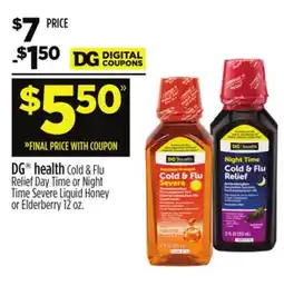 Dollar General DG health Cold & Flu Relief Day Time or Night Time Severe Liquid Honey or Elderberry offer