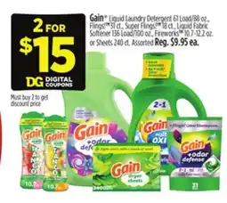 Dollar General Gain Liquid Laundry Detergent, Flings! , Super Flings! , Liquid Fabric Softener, Fireworks offer