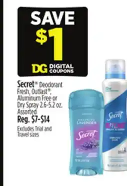 Dollar General Secret Deodorant Fresh, Outlast , Aluminum Free or Dry Spray 2.6-5.2 oz offer