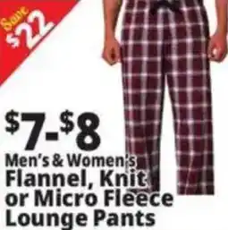 Ocean State Job Lot Men's & Women's Flannel, Knit or Micro Fleece Lounge Pants offer
