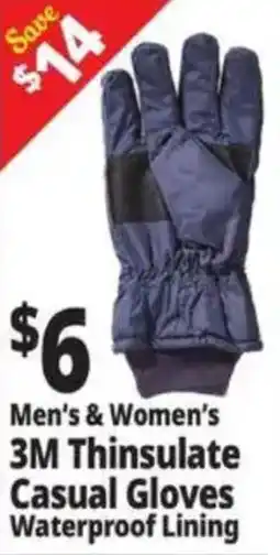 Ocean State Job Lot Men's & Women's 3M Thinsulate Casual Gloves Waterproof Lining offer