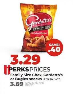 Hy-Vee Family Size Chex, Gardetto's or Bugles snacks offer