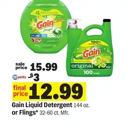 Meijer Gain Liquid Detergent 144 oz. or Flings* 32-60 ct offer