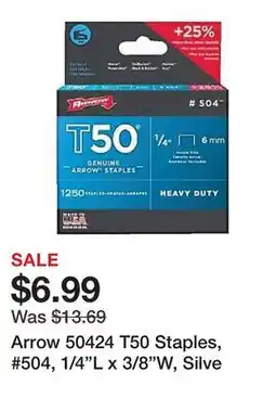Office Depot Arrow 50424 T50 Staples, #504, 1/4L x 3/8W, Silve offer