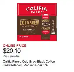 Costco Califia Farms Cold Brew Black Coffee, Unsweetened, Medium Roast, 32 fl oz, 6-count offer