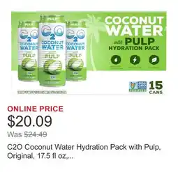 Costco C2O Coconut Water Hydration Pack with Pulp, Original, 17.5 fl oz, 15-count offer