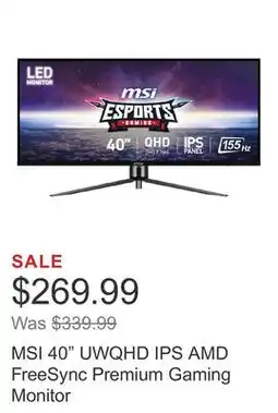 Costco MSI 40 UWQHD IPS AMD FreeSync Premium Gaming Monitor offer