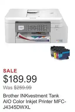 Costco Brother INKvestment Tank AIO Color Inkjet Printer MFC-J4345DWXL offer