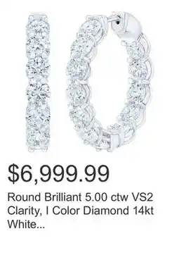 Costco Round Brilliant 5.00 ctw VS2 Clarity, I Color Diamond 14kt White Gold Hoop Earrings offer