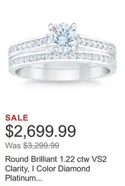 Costco Round Brilliant 1.22 ctw VS2 Clarity, I Color Diamond Platinum Wedding Set offer