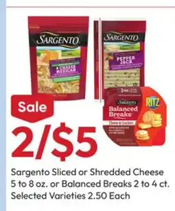 Stater Bros Sargento Sliced or Shredded Cheese 5 to 8 oz. or Balanced Breaks 2 to 4 ct offer