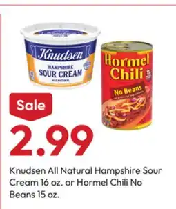 Stater Bros Knudsen All Natural Hampshire Sour Cream 16 oz. or Hormel Chili No Beans 15 oz offer