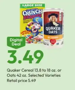 Stater Bros Quaker Cereal 13.8 to 18 oz. or Oats 42 oz offer