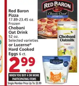 Albertsons Red Baron Pizza 17.89-23.45 oz. Frozen Chobani Oat Drink 52 oz. or Lucerne Hard Cooked Eggs 6 ct offer