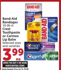 Albertsons Band-Aid Bandages 10-30 ct. Crest Toothpaste or Carmex Lip Balm offer
