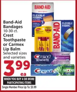 Vons Band-Aid Bandages 10-30 ct. Crest Toothpaste or Carmex Lip Balm offer