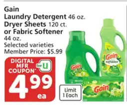 Vons Gain Laundry Detergent 46 oz. Dryer Sheets 120 ct. or Fabric Softener 44 oz offer