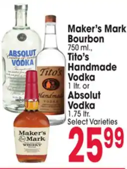 Jewel-Osco Maker's Mark Bourbon 750 ml., Tito's Handmade Vodka 1 ltr. or Absolut Vodka 1.75 ltr offer