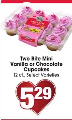 Jewel-Osco Two Bite Mini Vanilla or Chocolate Cupcakes offer