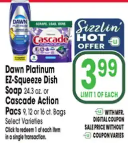 Jewel-Osco Dawn Platinum EZ-Squeeze Dish Soap 24.3 oz. or Cascade Action Pacs 9, 12 or 16 ct. Bags offer