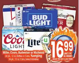 Jewel-Osco Miller, Coors, Budweiser or Michelob 24 pk., 12 oz. Bottles or Cans, Yuengling 24 pk., 12 oz offer