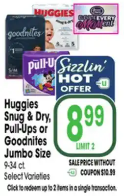 Jewel-Osco Huggies Snug & Dry, Pull-Ups or Goodnites Jumbo Size offer