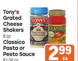 Tony’s Fresh Market Tony's Grated Cheese Shakers 8oz Classico Pasta or Pesto Sauce 8.1-24oz offer