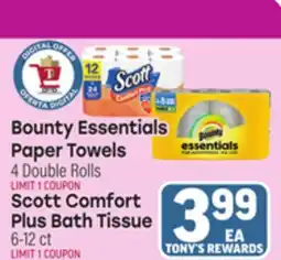 Tony’s Fresh Market Bounty Essentials Paper Towels 4 Double Rolls Scott Comfort Plus Bath Tissue 6-12ct offer