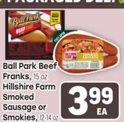 Tony’s Fresh Market Ball Park Beef Franks, 15oz or Hillshire Farm Smoked Sausage or Smokies 12-14oz offer