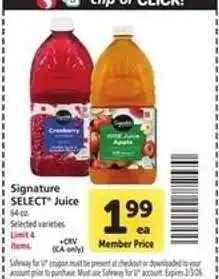 Safeway Signature SELECT Juice offer