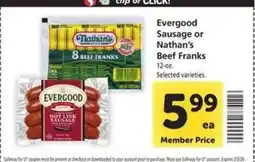 Safeway Evergood Sausage or Nathan’s Beef Franks offer