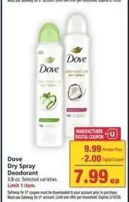 Safeway Dove Dry Spray Deodorant offer