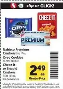 Safeway Nabisco Premium Crackers, Oreo Cookies, Cheez-It or Snap'd Crackers offer