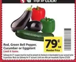 Safeway Red, Green Bell Pepper, Cucumber or Eggplant offer