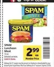 Safeway Spam Luncheon Meat offer
