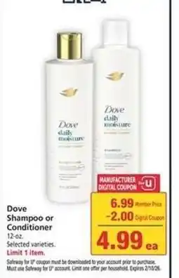 Safeway Dove Shampoo or Conditioner offer