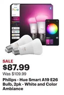 Best Buy Philips - Hue Smart A19 E26 Bulb, 2pk - White and Color Ambiance offer