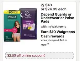 Walgreens Depend Guards or Underwear or Poise Pads offer