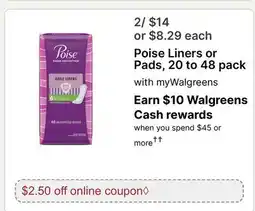 Walgreens Poise Liners or Pads, 20 to offer