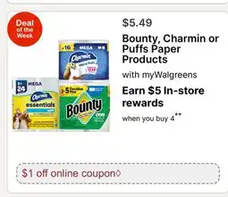 Walgreens Bounty, Charmin or Puffs Paper Products offer