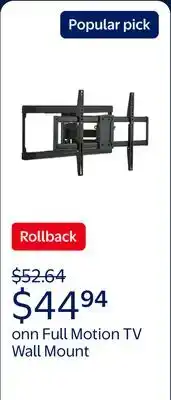 Walmart onn Full Motion TV Wall Mount for 50 to 86 TVs, UL Listed, swivel ±45°, up to +15/-15°Tilting offer