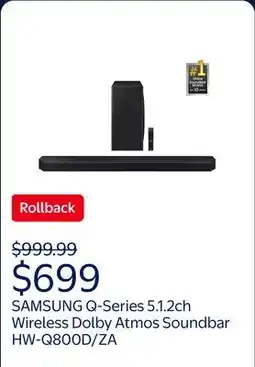 Walmart SAMSUNG Q-Series 5.1.2ch Wireless Dolby Atmos Soundbar with Q-Symphony HW-Q800D/ZA offer