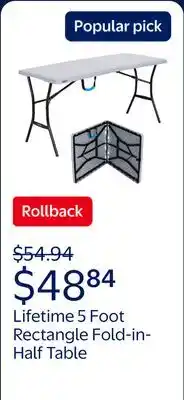Walmart Lifetime 5 Foot Rectangle Fold-in-Half Table, Indoor/Outdoor Essential offer