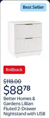 Walmart Better Homes & Gardens Lillian Fluted 2-Drawer Nightstand with USB, White Finish offer