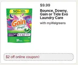 Walgreens Bounce, Downy, Gain or Tide Evo Laundry Care offer