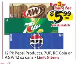 Winn Dixie 12 Pk Pepsi Products, 7UP, RC Cola or A&W 12 oz cans offer