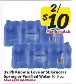 Winn Dixie 32 Pk Know & Love or SE Grocers Spring or Purified Water offer