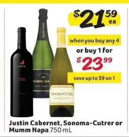 Winn Dixie Justin Cabernet, Sonoma-Cutrer or Mumm Napa offer