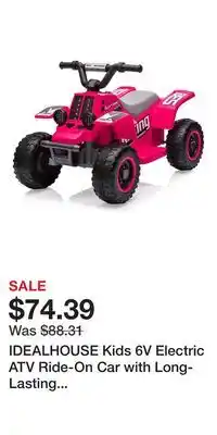 Kohl's IDEALHOUSE Kids 6V Electric ATV Ride-On Car with Long-Lasting Battery & Safe Charger offer
